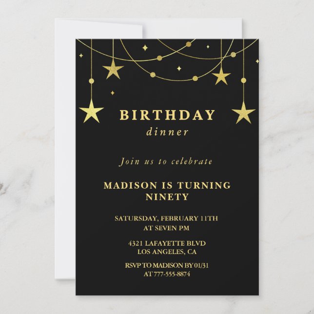 Invitaciones negras para cumpleaños 90 estrellas d (Anverso)
