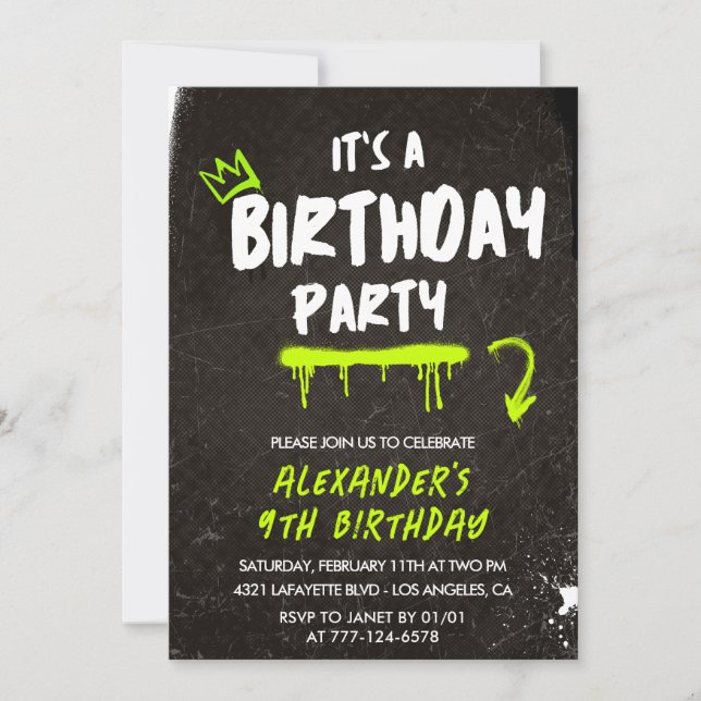 Invitaciones negras para cumpleaños 9 niño Pintura (Anverso)