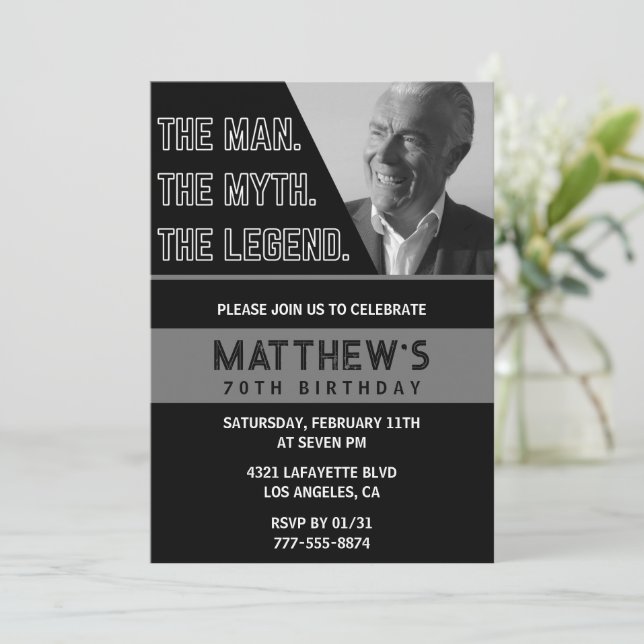 Invitaciones negras para el 70 cumpleaños El hombr (Anverso de pie)