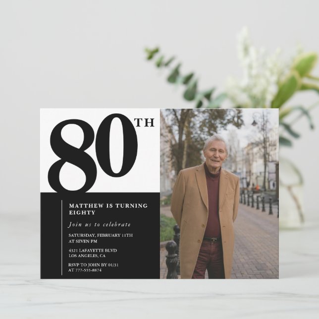 Invitaciones negras para el 80 cumpleaños Moda ele (Anverso de pie)