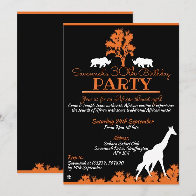 Invitaciones nocturnas temáticas africanas (Anverso / Reverso)