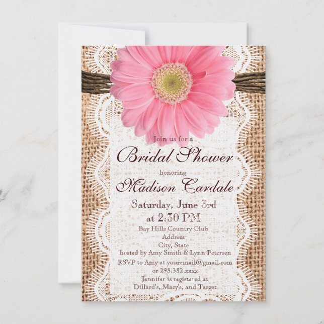 Invitaciones nupciales de la ducha de la arpillera (Anverso)