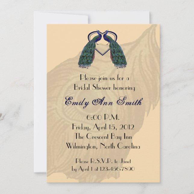 Invitaciones nupciales de la ducha del pavo real (Anverso)