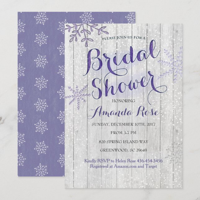 Invitaciones nupciales púrpuras de la ducha de la (Anverso / Reverso)