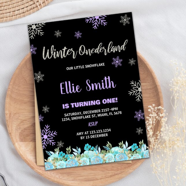 Invitaciones ONEderland de invierno de Floral verd (Black Green Floral Winter ONEderland Invitations)