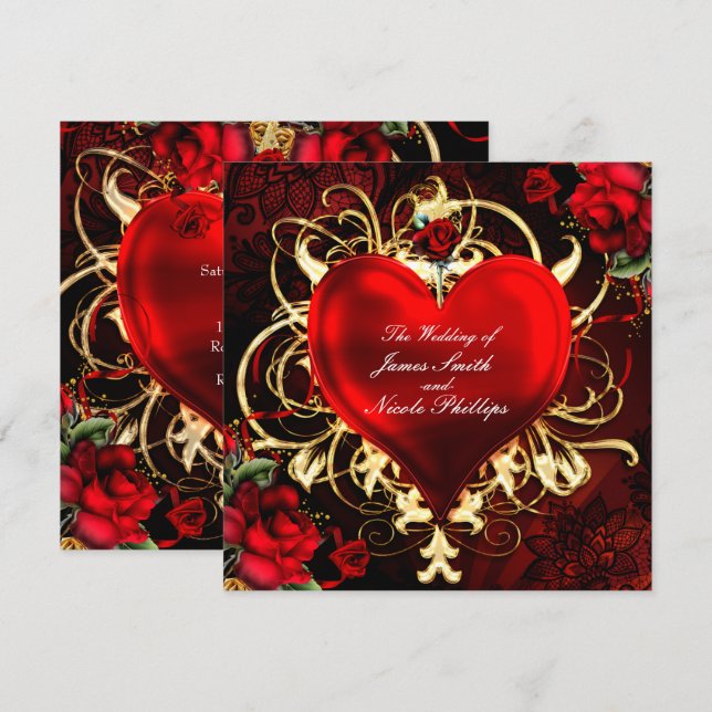 Invitaciones ornamentales florales de oro rojo neg (Anverso / Reverso)