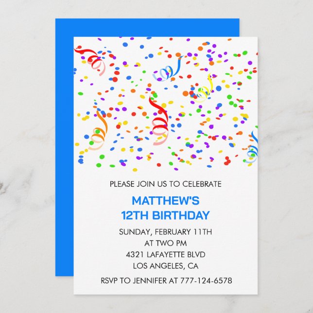 Invitaciones para 12 años Confetti Rainbow Boy (Anverso / Reverso)