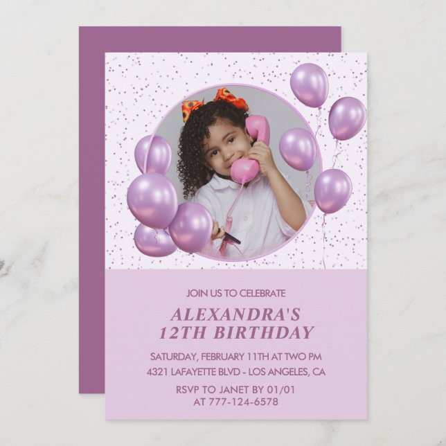 Invitaciones para 12 años Globos Foto Púrpura (Anverso / Reverso)