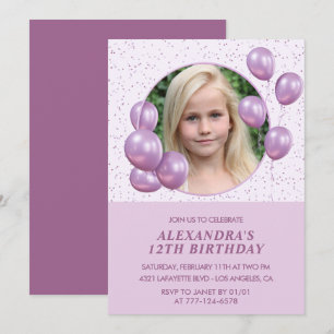 Invitaciones para 12 años Globos Foto Púrpura