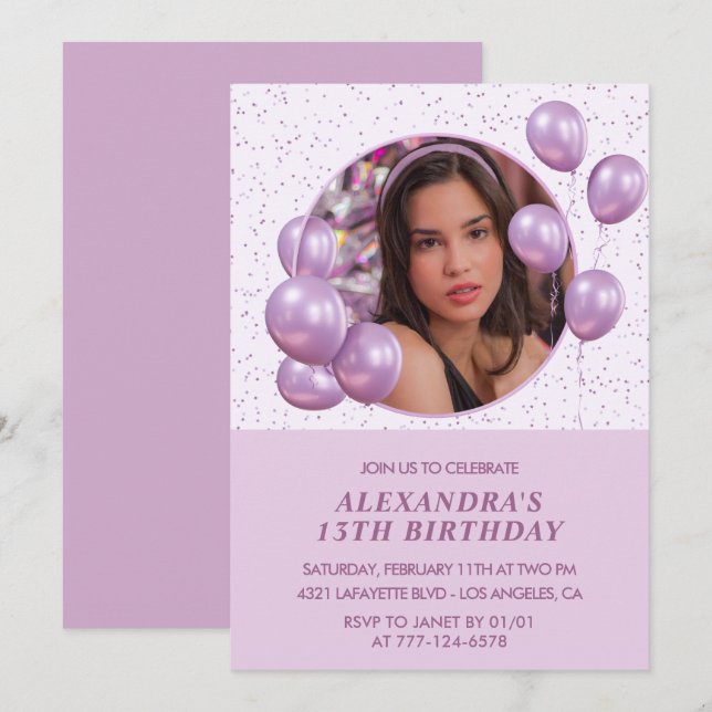 Invitaciones para 13 años Globos Foto Púrpura (Anverso / Reverso)