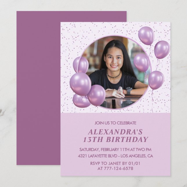 Invitaciones para 13 años Globos Foto Púrpura (Anverso / Reverso)