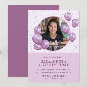 Invitaciones para 13 años Globos Foto Púrpura