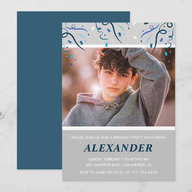 Invitaciones para 14 años Boy Confetti Photo Navy (Anverso / Reverso)