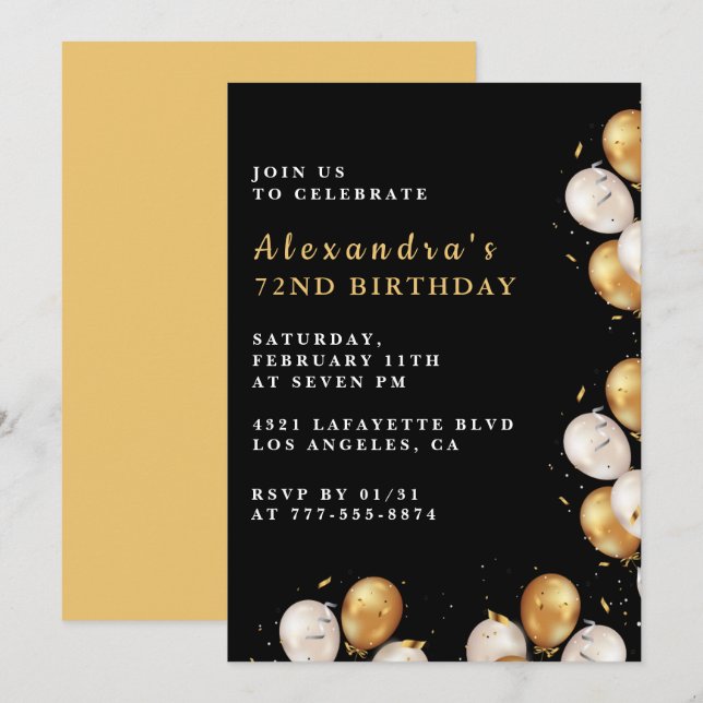Invitaciones para 72 cumpleaños de oro negro  Glob (Anverso / Reverso)
