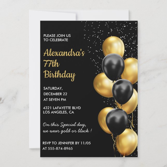 Invitaciones para 77 cumpleaños Black Gold Glitter (Anverso)