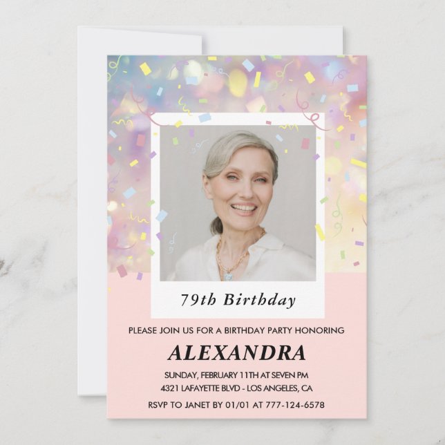 Invitaciones para 79 cumpleaños con confeti rosa y (Anverso)