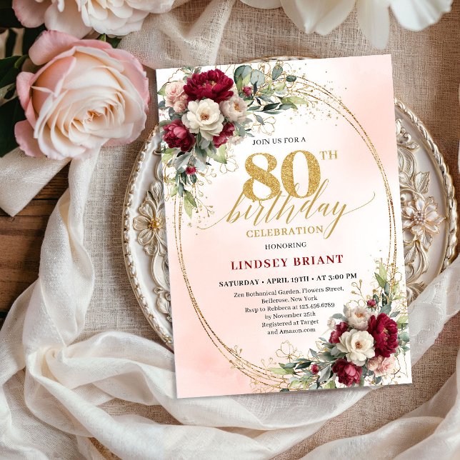 Invitaciones para 80 cumpleaños Burgundy Blush Boh (Burgundy Blush Boho Garden 80th Birthday Invitation)