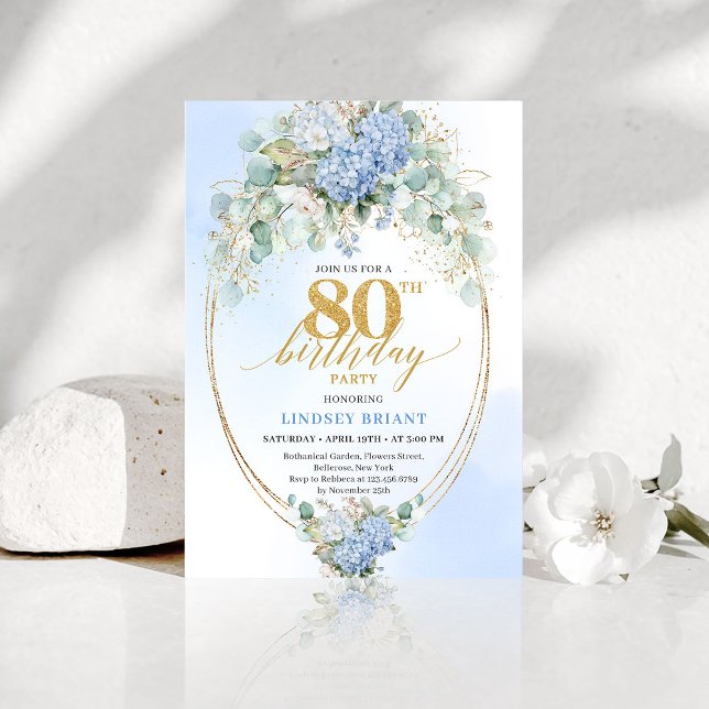 Invitaciones para 80 cumpleaños Garden Blue Horten (Garden Blue Hydrangea Gold 80th Birthday Invitation)