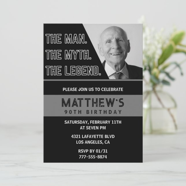 Invitaciones para 90 cumpleaños Black El Hombre La (Anverso de pie)