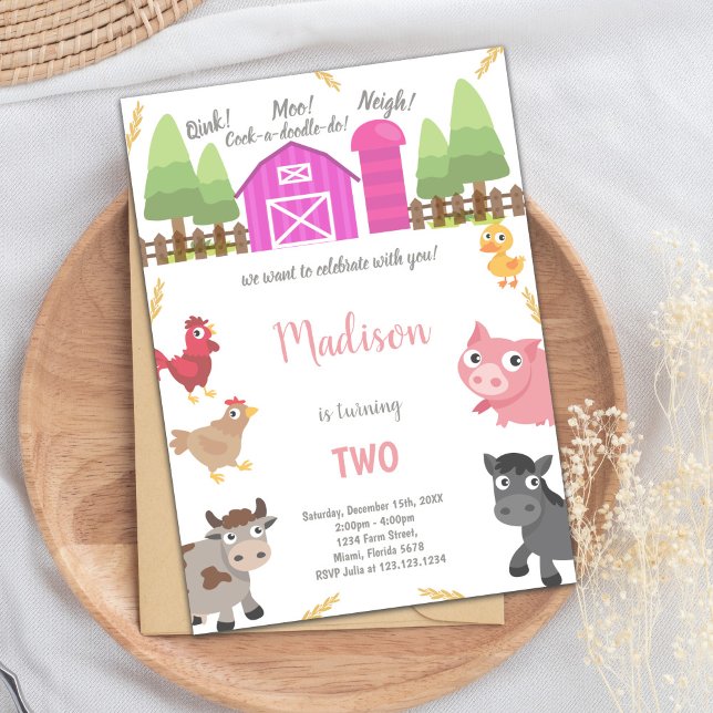 Invitaciones para animales de granja rosa (Pink Farm Animals Invitations)