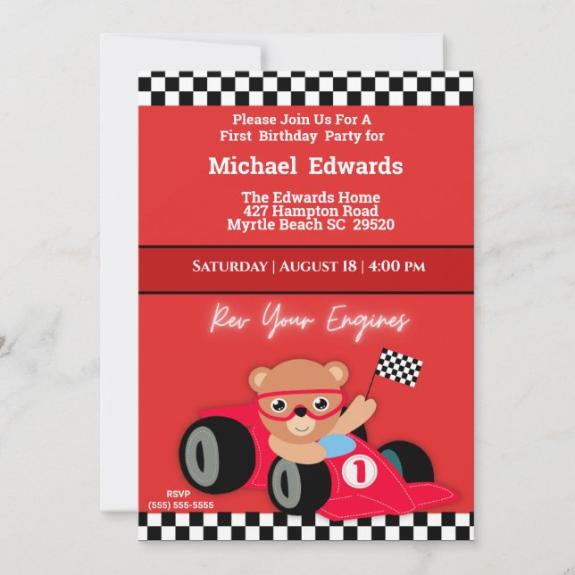 Invitaciones para autos de carreras de niños de pr (Anverso)