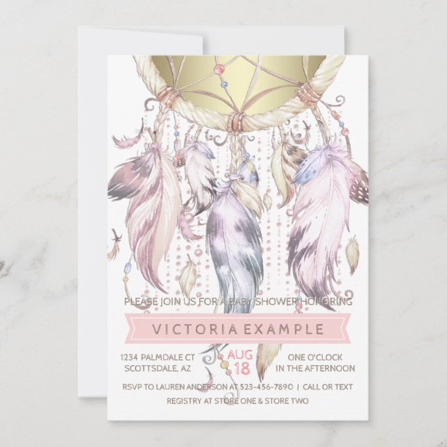 Invitaciones para baby shower atrapasueños de oro  (Anverso)