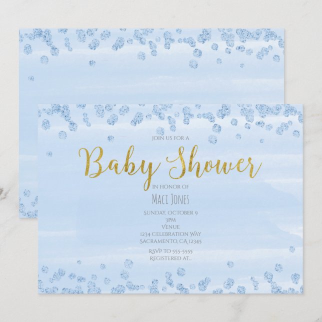 Invitaciones para Baby Shower Azul Claro y Dorado (Anverso / Reverso)