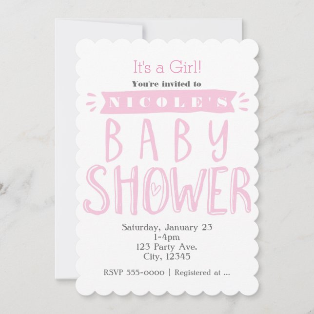 Invitaciones para BABY SHOWER Blanco y Rosa Es una (Anverso)