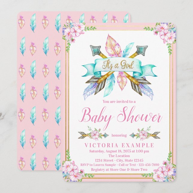 Invitaciones para baby shower Boho Arrow Feather (Anverso / Reverso)