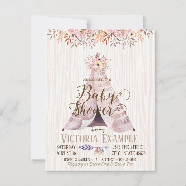 Invitaciones para Baby Shower Boho TeePee (Anverso)