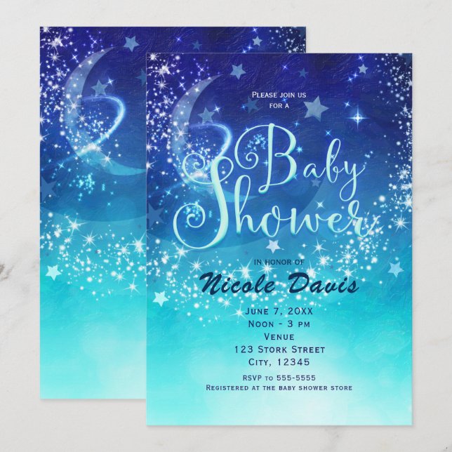 Invitaciones para Baby Shower Celestial Luna Brill (Anverso / Reverso)