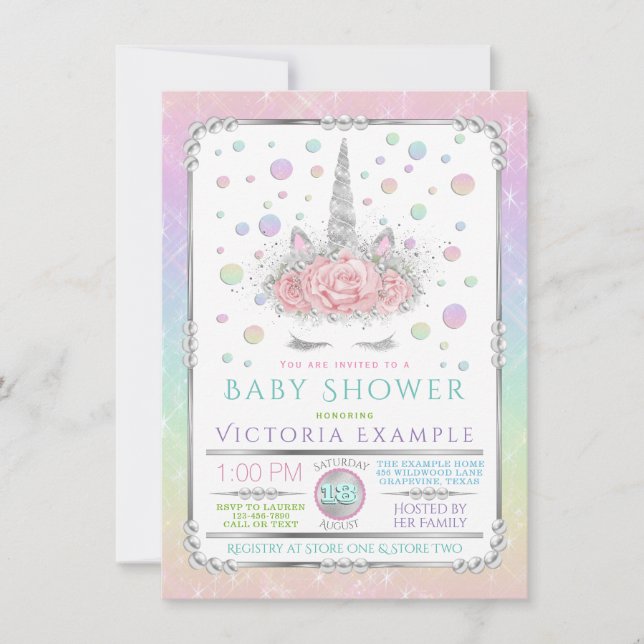 Invitaciones para baby shower con cara de unicorni (Anverso)