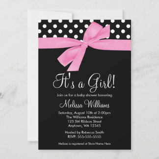 Invitaciones para baby shower con lazo rosa negro