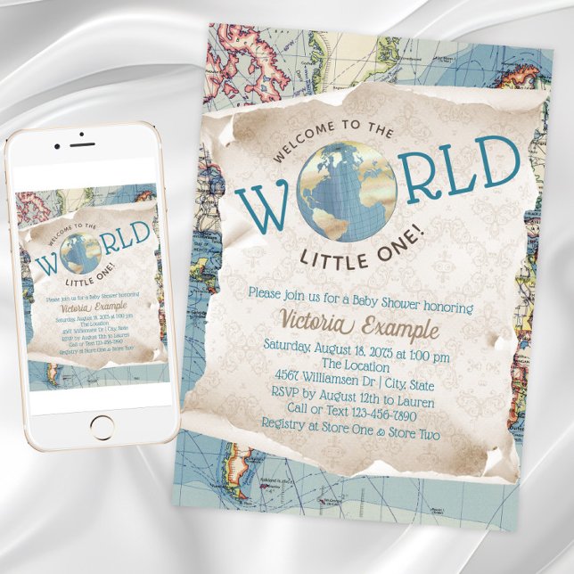 Invitaciones para baby shower con mapas antiguos (Vintage map baby shower invitation. Instant download and printed invitations available.)