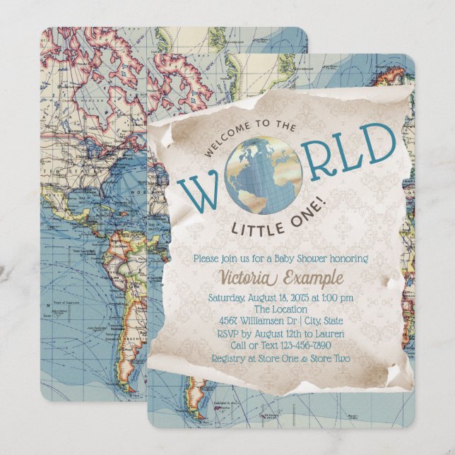 Invitaciones para baby shower con mapas antiguos (Anverso / Reverso)
