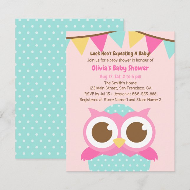 Invitaciones para baby shower con temática de búho (Anverso / Reverso)
