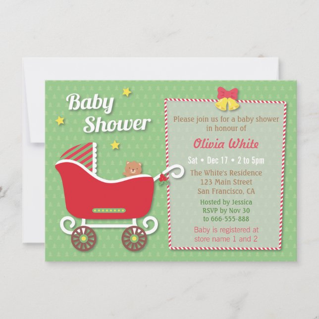 Invitaciones para baby shower con trineo de osito  (Anverso)