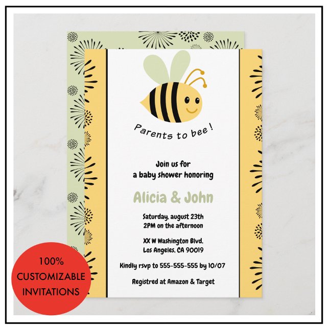 Invitaciones para baby shower de abeja coed abeja  (Bee baby shower invitations coed bumblebee gender neutral)