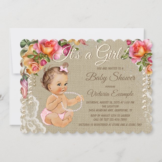 Invitaciones para Baby Shower de Arpillera y Encaj (Anverso)