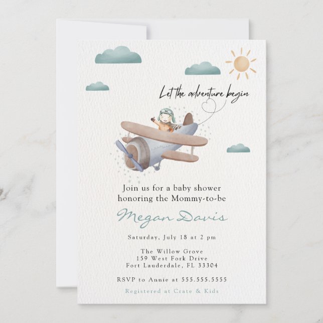 Invitaciones para Baby Shower de Avión Viaje (Anverso)