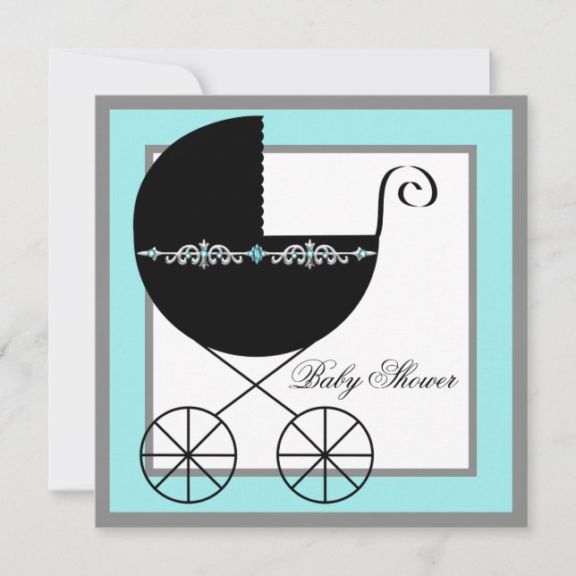 Invitaciones para baby shower de carruaje bebé azu (Anverso)