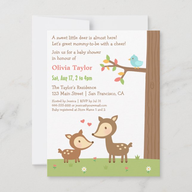 Invitaciones para baby shower de ciervo en bosque (Anverso)