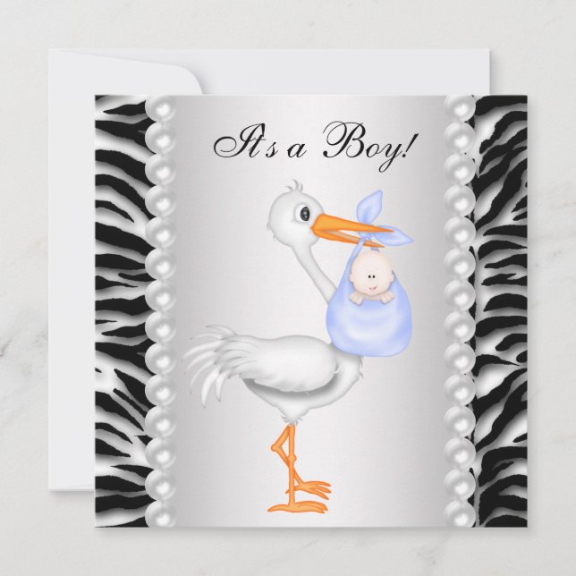 Invitaciones para Baby Shower de Cigüeña Azul y Ce (Anverso)