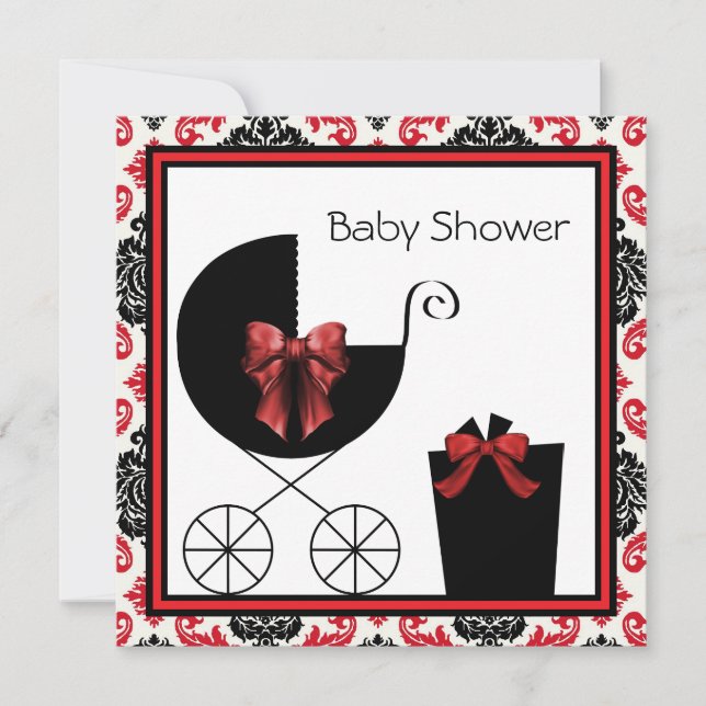 Invitaciones para baby shower de damasco rojo y ne (Anverso)