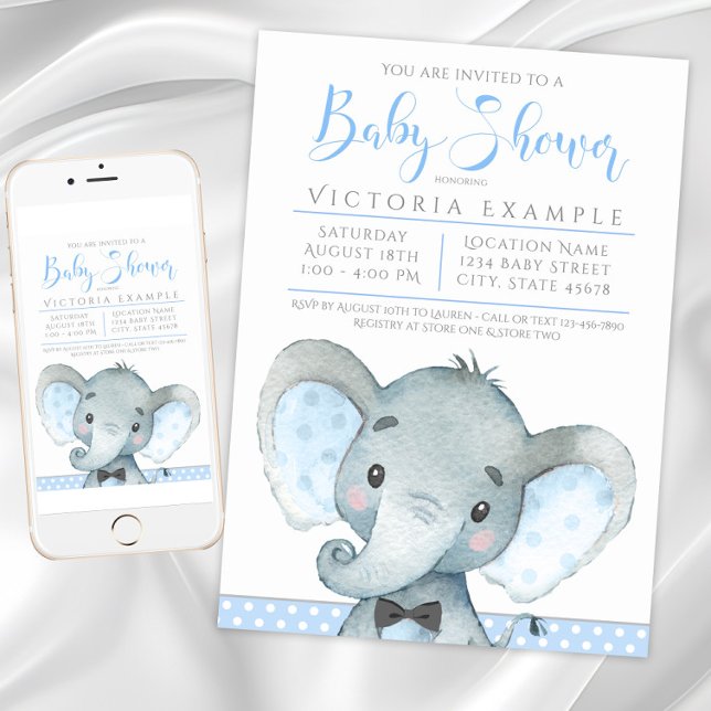 Invitaciones para Baby Shower de Elefante Adorable (Boy Elephant Baby Shower Invitations. Instant download and printed invitations available.)