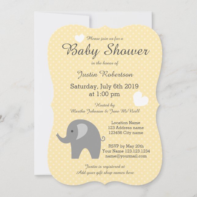 Invitaciones para baby shower de elefante amarillo (Anverso)