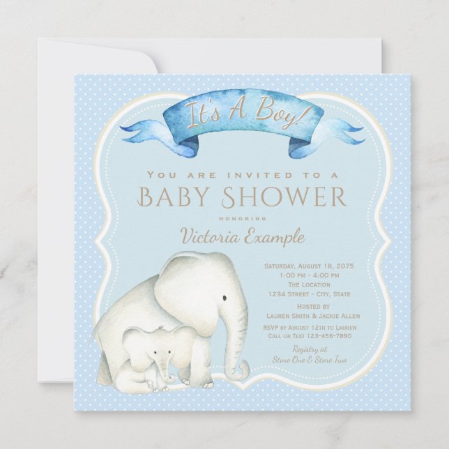 Invitaciones para Baby Shower de Elefante Niño (Anverso)