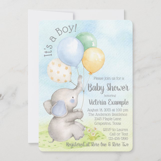 Invitaciones para Baby Shower de Elefante Niño (Anverso)