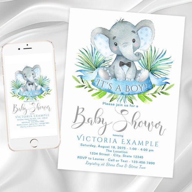 Invitaciones para Baby Shower de Elefante para Niñ (Cute boy elephant and greenery baby shower. Instant download and printed invitations available.)
