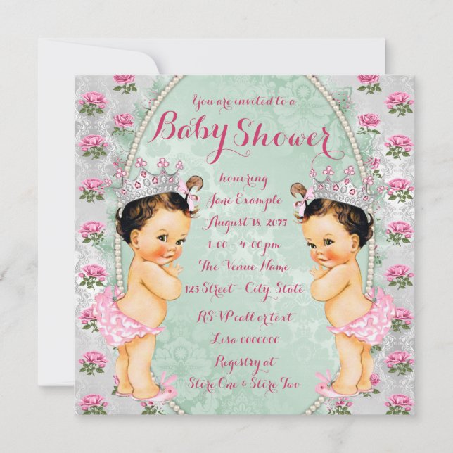 Invitaciones para baby shower de gemelas con rosas (Anverso)